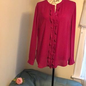 Talbots Fuschia Ruffle Front Blouse